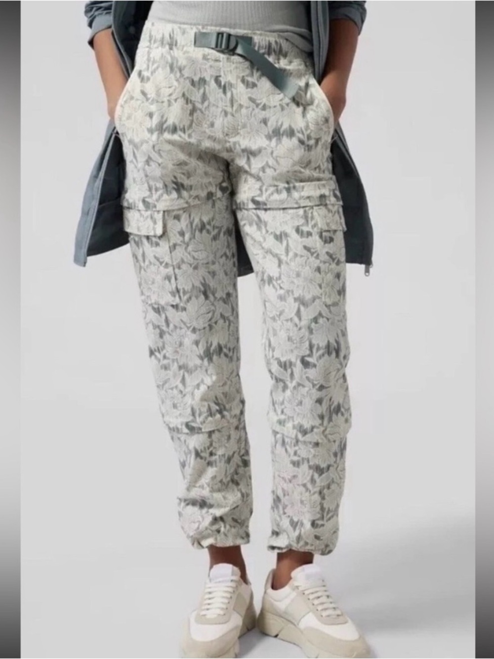 Athleta Trekkie convertible hike pants in sage floral pattern.